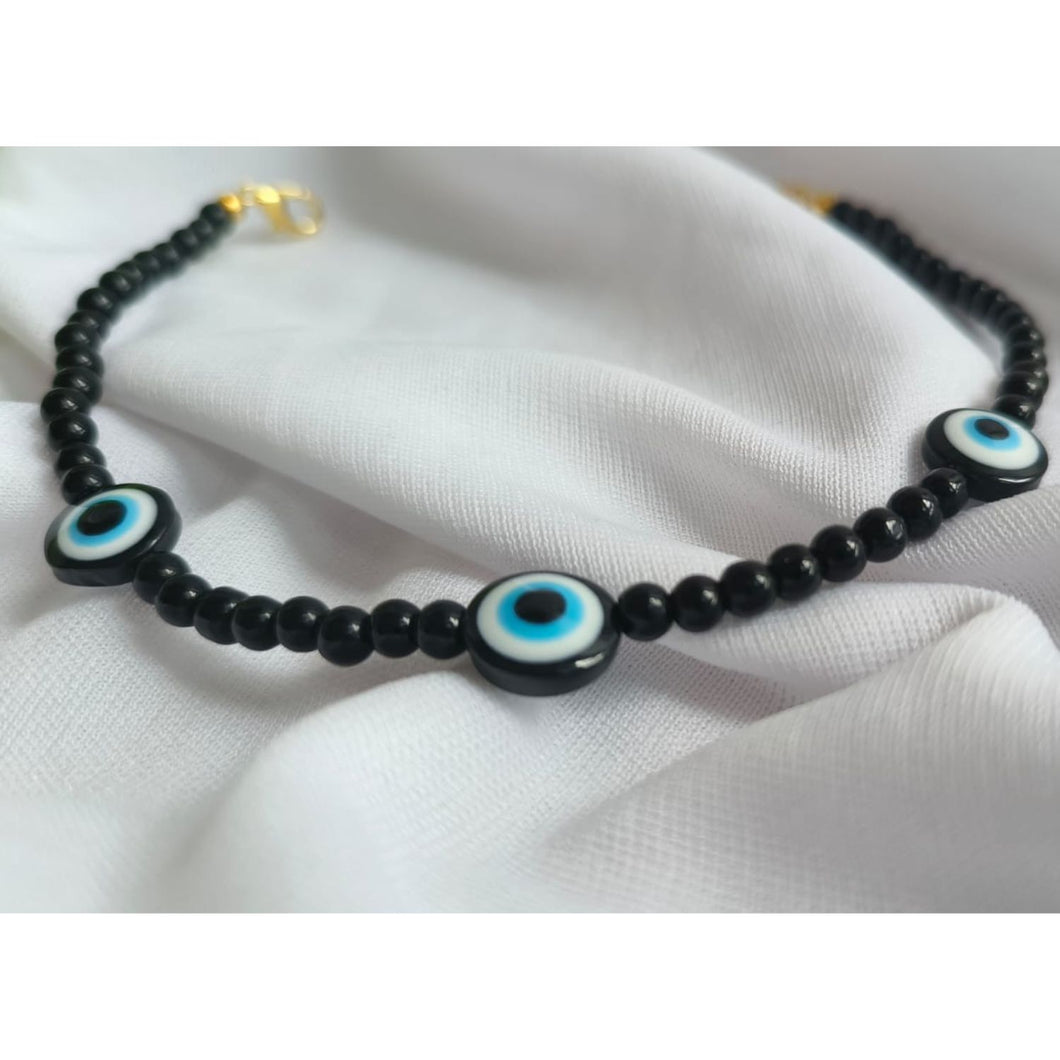 Black Obsidian Round Bead Anklet with Evil Eye